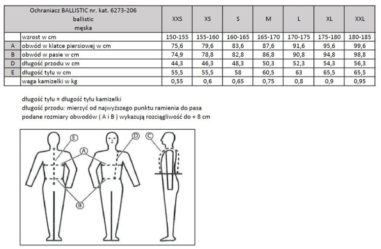 Tabela rozmiarów kamizelki ochronnej unisex Komperdell Ballistic FlexFit Regular