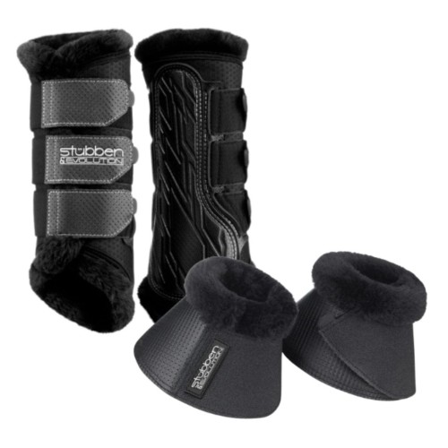 Zestaw ochraniaczy i kaloszków treningowych z futrem Stubben Airflow Brushing Boots &amp; Gravity Over Reach Boots Fleece