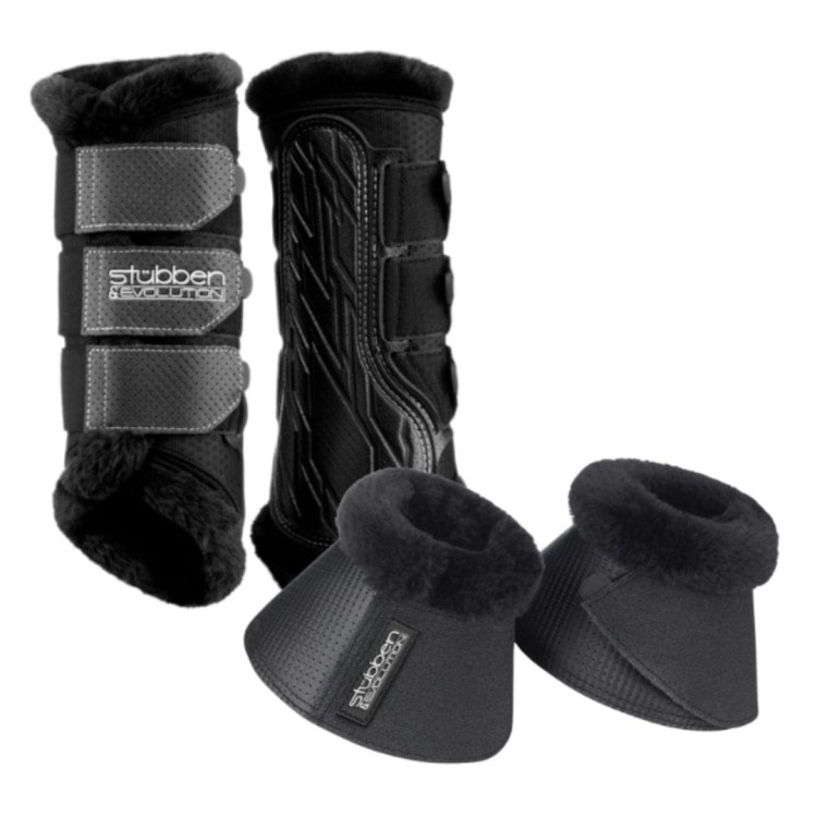 Zestaw ochraniaczy i kaloszków treningowych z futrem Stubben Airflow Brushing Boots &amp; Gravity Over Reach Boots Fleece